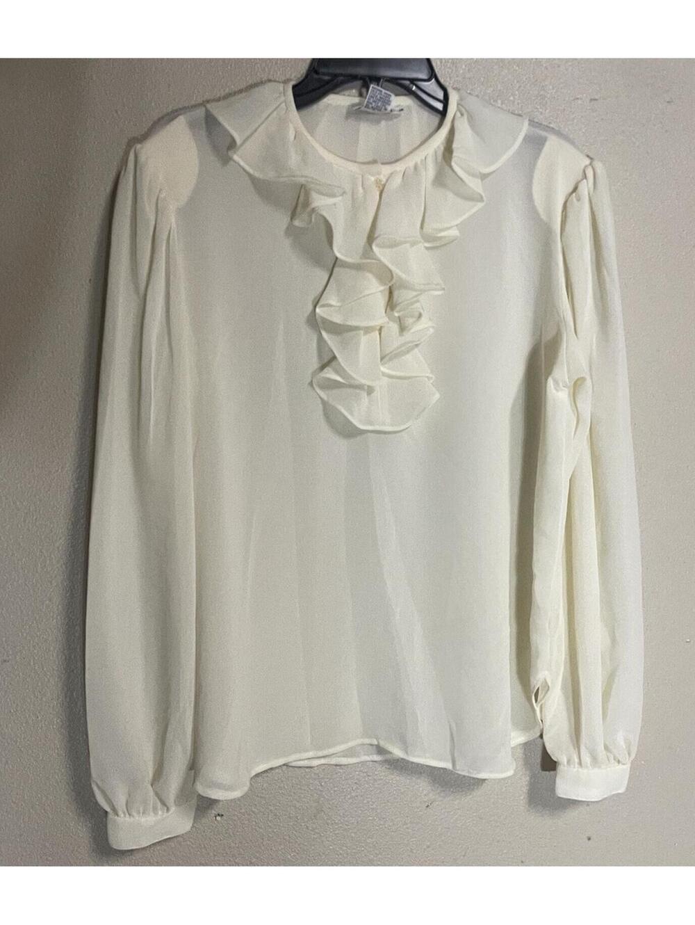 Vintage Long Sleeved Ivory Semi Sheer Large Button Front Ruffled Blouse